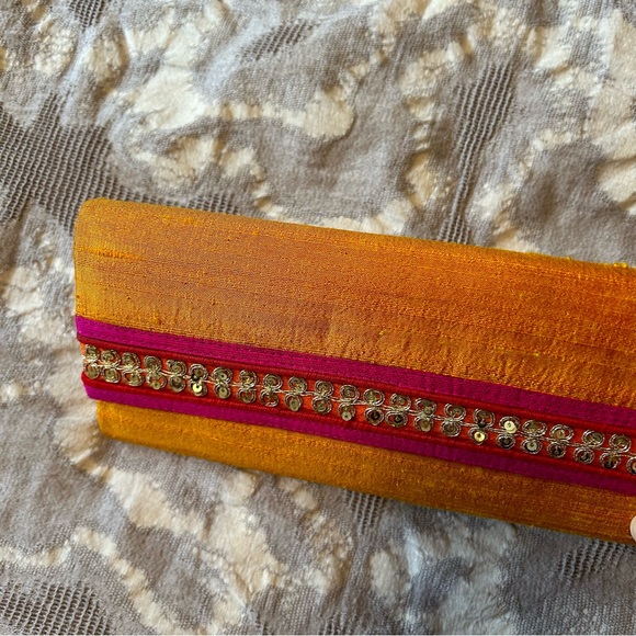 Orange and hot pink small envelope clutch made from silk with embellishment NWOT - Picture 5 of 6
